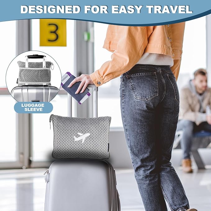 Travel Blanket Airplane Compact with Bag, Travel Essentials 3 in 1 Packable Airplane Blanket, Travel Pillow and Blanket Set, Inflatable Pillow, Luggage Sleeve & Backpack Clip (Light Grey)