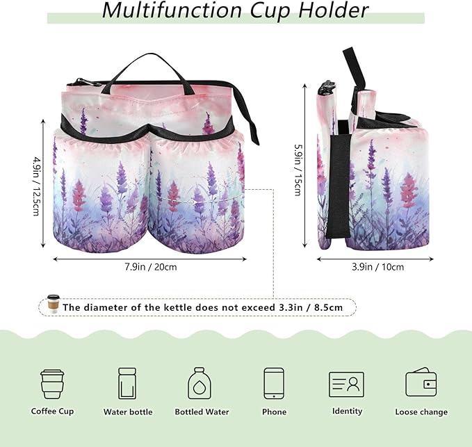 Lavenders Flowers Butterflies Purple Travel Luggage Cup Holder for Suitcase Free Hands Drink Carrier with Storage Pockets for Coffee Mugs Bottles
