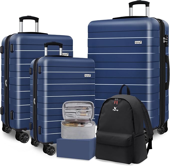 Zebra Luggage Sets 5 Piece, Lightweight Hardside Business Travel Suitcase Set with TSA Lock, Bonus Travel Backpack & Makeup Bag, 20/24/28 inch, Navy Blue