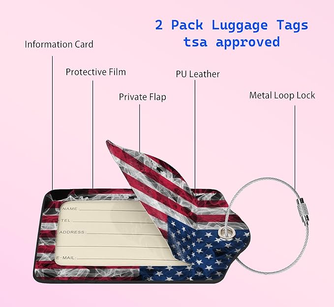 2 Pack American Flag Luggage Tags for Suitcases, Cool Leather Luggage Tag for Travel, Bag Tag Privacy Name ID Card Bag Labels for Friends Adults Kids Tourists