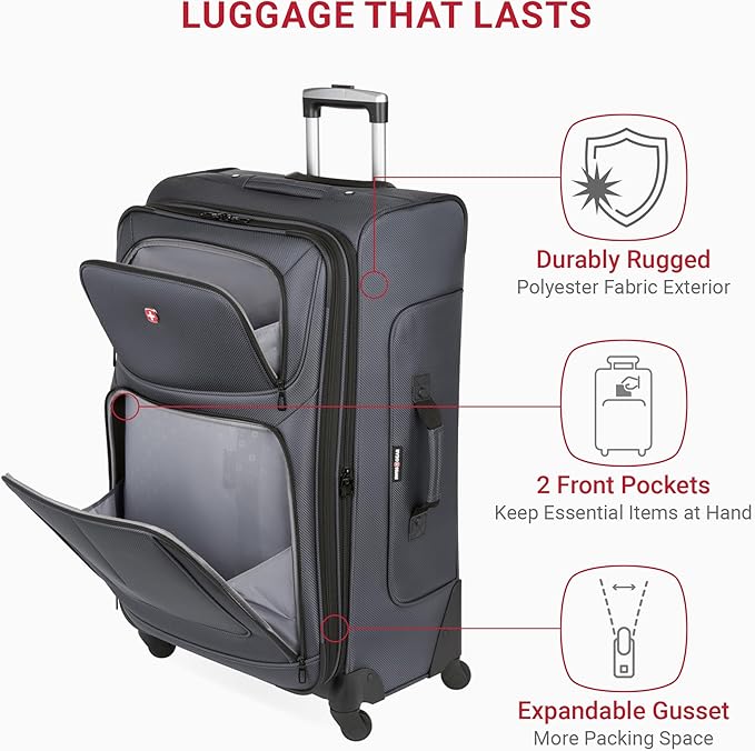 SWISSGEAR Sion Softside Expandable Spinner Luggage Durable Lightweight Travel Suitcase, Dark Grey, Checked-Large 29-Inch