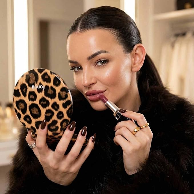 Fancii Taylor LED Lighted Travel Makeup Mirror, Rechargeable, 10x /1x Magnifying, Tru-Glow Lighting System, XL Large 5” Wide | Compact Mirror for Purses (Cheetah Chic)