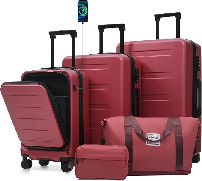 Merax Luggage Sets 5 Piece,Front Open Hardshell Expandable Suitcase with Spinner Wheels and Duffel Bags,Lightweight Carry on Luggage with USB Port,20/24/28IN,Red