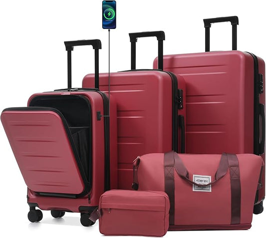 Merax Luggage Sets 5 Piece,Front Open Hardshell Expandable Suitcase with Spinner Wheels and Duffel Bags,Lightweight Carry on Luggage with USB Port,20/24/28IN,Red