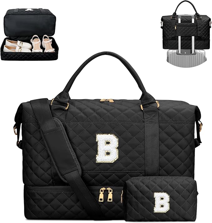 Gifts for Women Girls Initial Travel Duffle Bag Quilted Weekender Bags Carry-On Overnight with Cosmetic Bag, Gym Bag with Shoe Compartment, Black B