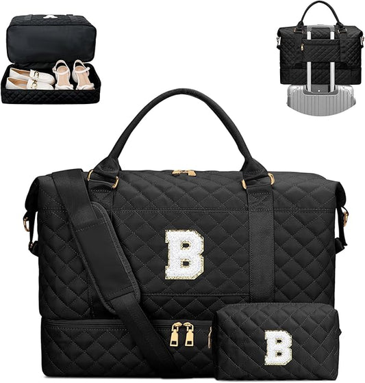 Gifts for Women Girls Initial Travel Duffle Bag Quilted Weekender Bags Carry-On Overnight with Cosmetic Bag, Gym Bag with Shoe Compartment, Black B