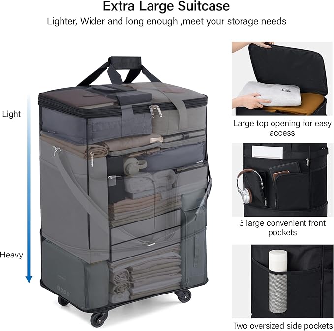 Hanke Expandable Collapsible Luggage with Wheels, Black Upgrade Version 2, 98L, Water-Resistant, 5 Spinner Wheels, 3 Pockets, Polyester, 19x13x27.2 inches, 6.1lb, Carry-On Luggage, Travel, Vacation