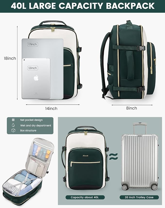 LOVEVOOK Large Travel Backpack for Women & Men, 40L Carry on Backpack for Airplanes, TSA Personal Item Travel Bag fits 17" Laptop, Waterproof Travel Essentials Airline Approved with 3 Packing Cubes