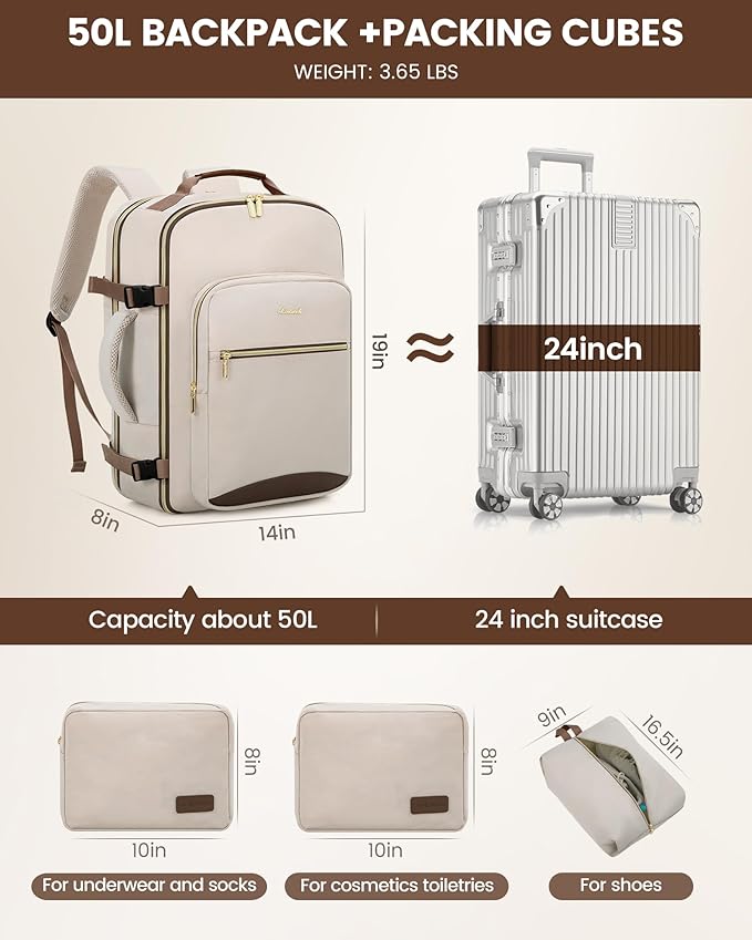 LOVEVOOK Travel Backpack for Women & Men 50L,Airline Approved Carry On Backpack Travel Essentials,TSA Carry on Luggage,Waterproof Personal Item Travel Bag,Suitcase with 3 Packing Cubes,Primary-Coffee