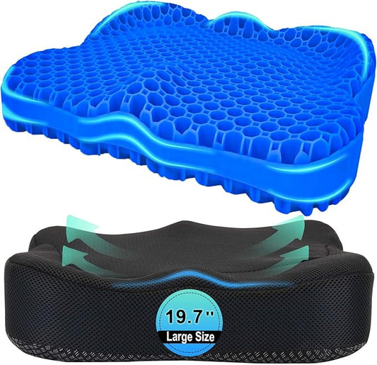 Thicken 19.7in Seat Cushion, Gel Seat Cushion for Long Sitting–Office Chair, Wheelchair, Car Cushion, Large Cooling Pad for Back Pain, Sciatica, Tailbone Pain Relief