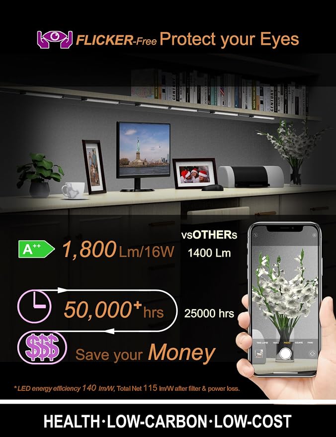 EBD Under Cabinet Lighting Plug in 4 Pcs 12 Inch, Dimmable No Messy Wires Built-in Adjustable Cable LED Light Bar 6500K 1800LM for Kitchen Home Office, Memory for Smart Plug, 1 Pcs Extension Cables