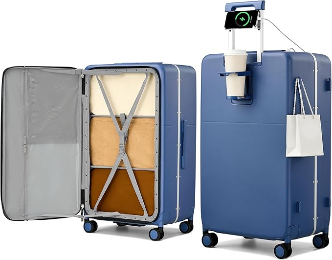 Hanke 28 Inch Top Opening Hard Shell Luggage, PC Aluminum Frame Extra Large Suitcase with Cup Holder, USB-C Charging Port, TSA Lock, 8 Silent Spinner Wheels& Removable Dividers,Interstellar Blue