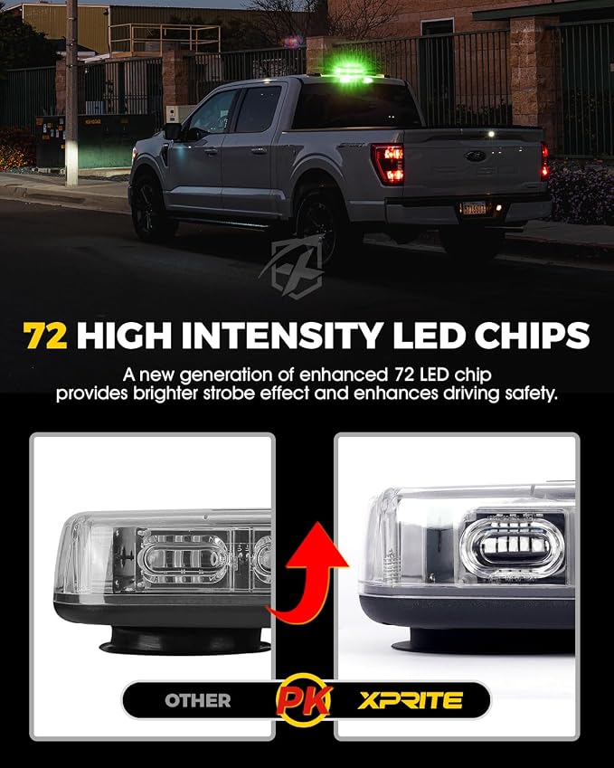 Xprite Upgraded 12" 72LED Rooftop Strobe Lights, High Visibility Utility Lights with Magnetic Base for 12V-24V Construction Vehicles, Trucks, Snow Plow - Mix White/Green