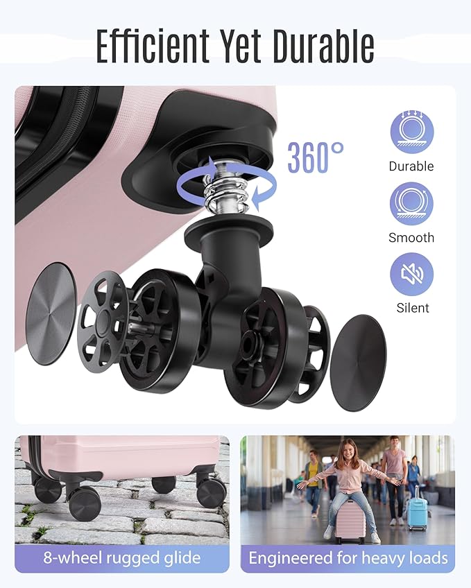 LIGHT FLIGHT Luggage Sets, 3 Piece Durable Suitcase Set with Spinner Wheels, 3 Pcs Hardside Lightweight luggage with TSA Lock, Large Checked Travel Suitcases, 20/24/28 Inch, Pink