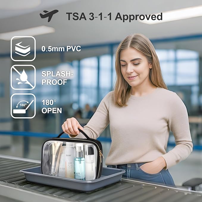 PACKISM Glitter Texture TSA Approved Toiletry Bag Set, Style Clear Makeup Bag with Handle, 1 TSA Medium & 1 Large for Travel, Gift for Women, White