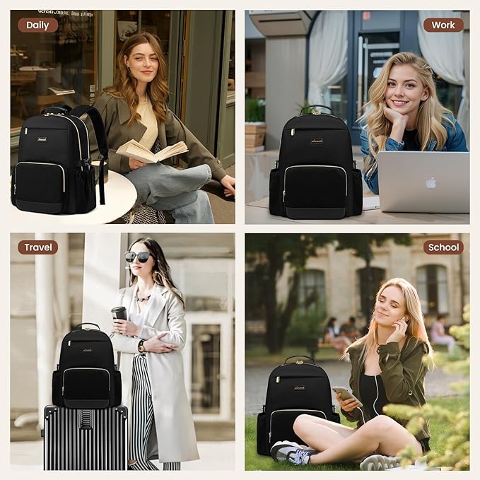 LOVEVOOK Laptop Backpack for Women with Pouch Pocket for Large Capacity Cup,17 Inch Laptop Computer Bag Travel Backpack Purse,Waterproof Work Business Backpack College Teacher Bags,Black