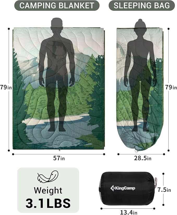 KingCamp Large Camping Blanket with Sherpa Lining, Packable Down Alternative Puffy Printed Wearable Blanket with Snap Buttons, Warm Weatherproof Quilt for Outdoor Travel (79" L x 57" W, Green)