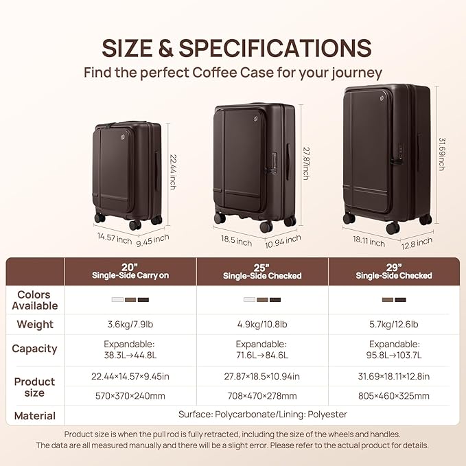 NINETYGO Medium Checked Luggage 25 Inch, Flat Top Opening Check In Luggage with Cup Holder, Expandable, Coffee-Infused PC Hard Shell, Eco-Friendly, TSA Lock, 360° Spinner Wheels (Americano)