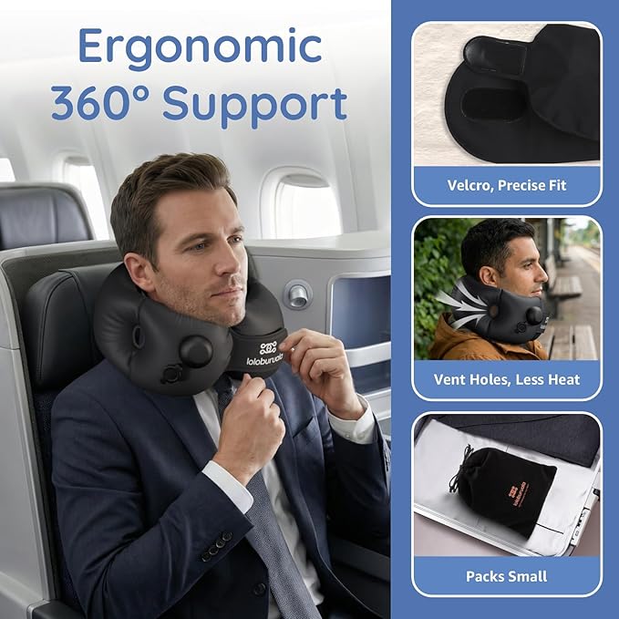 Inflatable Neck Pillow, Portable Travel Neck Pillow Airplane, Storable Black Neck Pillows Travel with Washable Cover, Adjustable Air-Fill Support