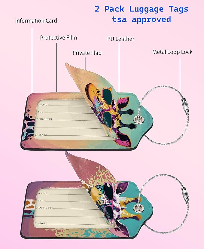 2P Giraffe Luggage Tag for Suitcase, Cute Unique Leather Bag Tags Identifiers Privacy Cover ID Label with Durable Steel Loop for Women Men Kids Girls Travel
