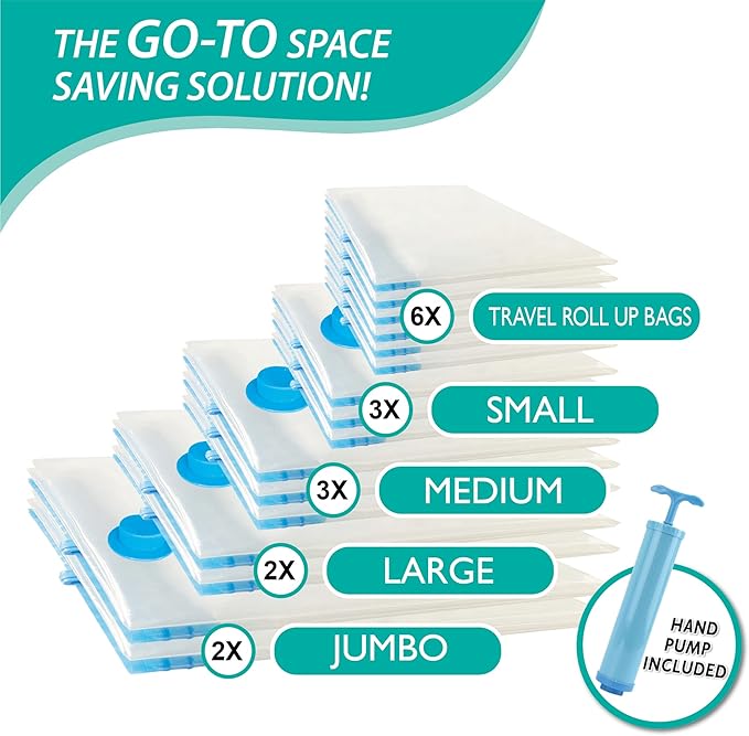 Cozy Essential Vacuum Storage Bags, 80% Compression Vacuum Seal Space Saver Plastic Packaging Bags for Clothes, Blankets, Pillow, Bedding, Comforters, Sealer Clothing Storage,16 Combo