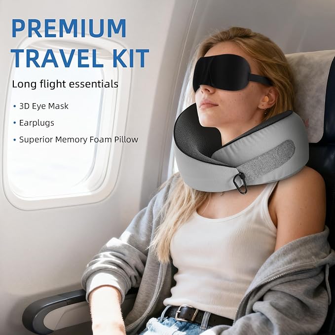 Travel Pillow - Neck Pillow Airplane Memory Foam Filling for Plane,Cars Sleeping, Road Trip, Long Flights, Portable Plane Accessories, Includes Eye Mask & Earplugs (Light Gray)