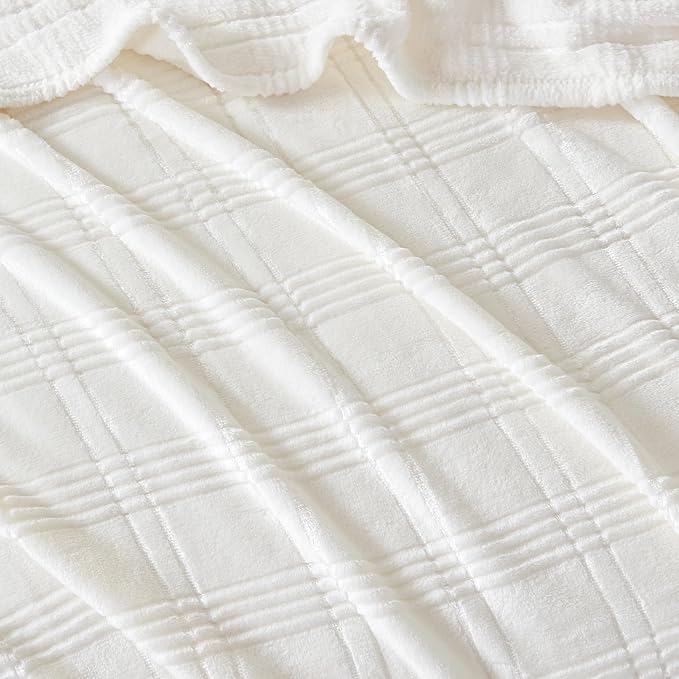 Soft Cozy Plaid Fleece Throw Blanket, 50x60 Inches – 3D Jacquard Diamond Design, Lightweight Blanket for Couch, Sofa, Camping & Travel, Ivory White