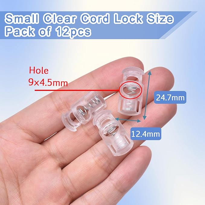 CooBigo 12PCS Plastic Clear Cord Locks for Drawstring, Small Paracord Spring Toggle Stopper Clasp Elastic Shoeslace Lock String Clips Sweatpants, Gloves, Bungee Swim Goggles Replacement