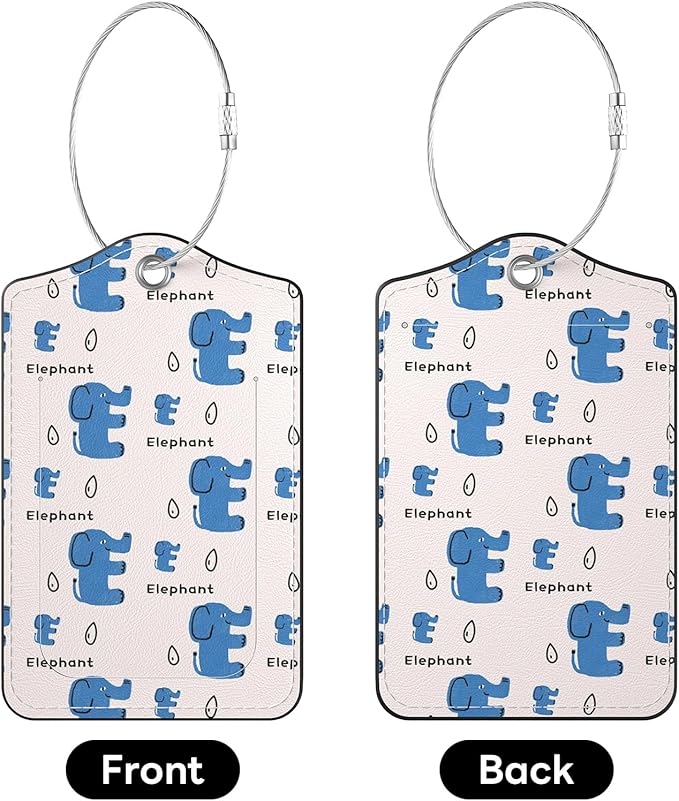 2 Pack PU Leather Luggage Tags for Suitcases, Privacy Protection Cover with Stainless Steel Loop and Address Card, Travel Cruise Essentials (Blue Elephant)