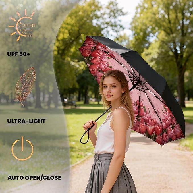 SIEPASA Compact Travel Umbrella - Windproof Auto Open/Close, Lightweight Folding Umbrella wIth Fiberglass Frame & Waterproof Canopy. Fits Backpack/Purse. (Tulip)