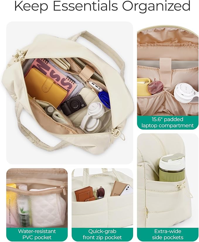 BAGSMART Gym Bag for Women, Lightweight Puffer Duffle Bag 2-PC Travel Bag, 31L Weekender Overnight Bag Quilted Carry On Tote Bag, Diaper Hospital Dance bag for Travel, Gym, Water Resistant, Beige