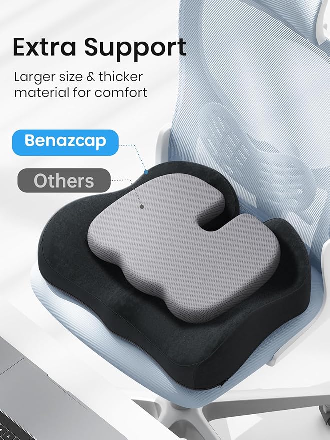 Benazcap Large Memory Foam Office Chair Cushion Seat Pad, Ergonomic Seat Cushion for Sciatica, Tailbone & Back Pain Relief, Car Seat Cushions for Driving