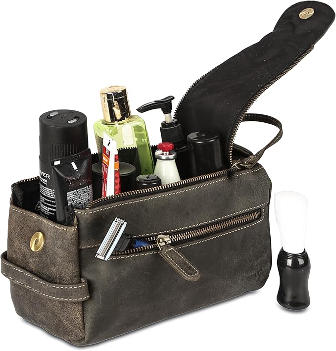 KomalC Premium Buffalo Leather Toiletry Bag for Men & Women With Water resistant Lining, Grooming Travel Pouch, Unisex Wash Bag for Toiletries, Gifts for Men and Women