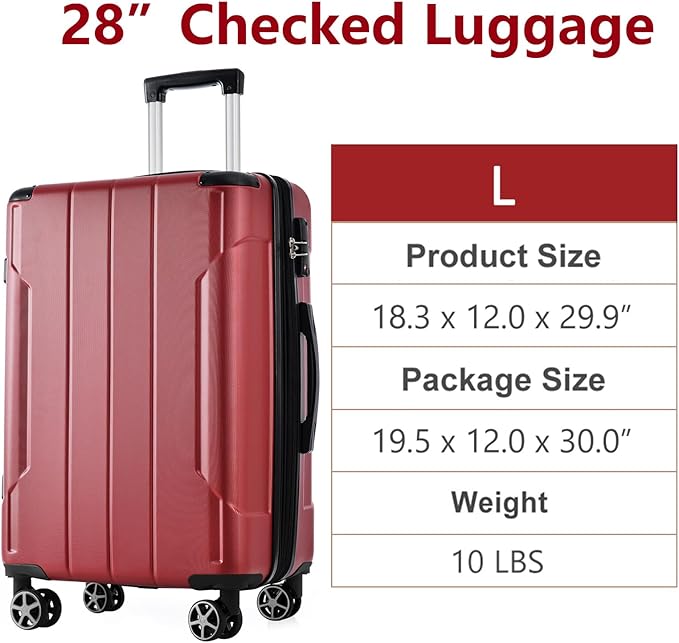 28 Inch Checked-Large Luggage, Lightweight ABS Hard Shell Suitcase with Spinner Wheels, Expandable Travel Luggage with Combination Lock & Side Hooks for Men Women (Red., 28)