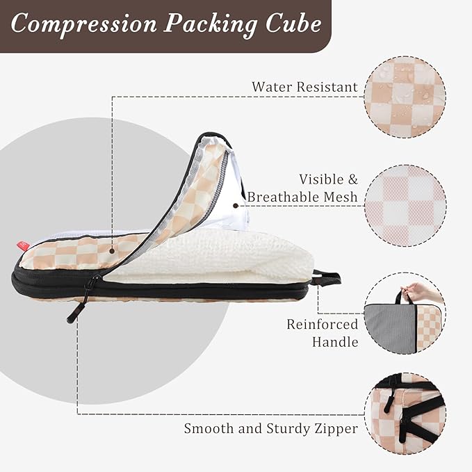 U+U 8 Set Compression Packing Cubes - Ultralight Travel Organizers with Laundry Bag and Cosmetic Bag, Space-Saving Suitcase Organizer for Travel, Business Trip and Family Vacation (Khaki Checkered)