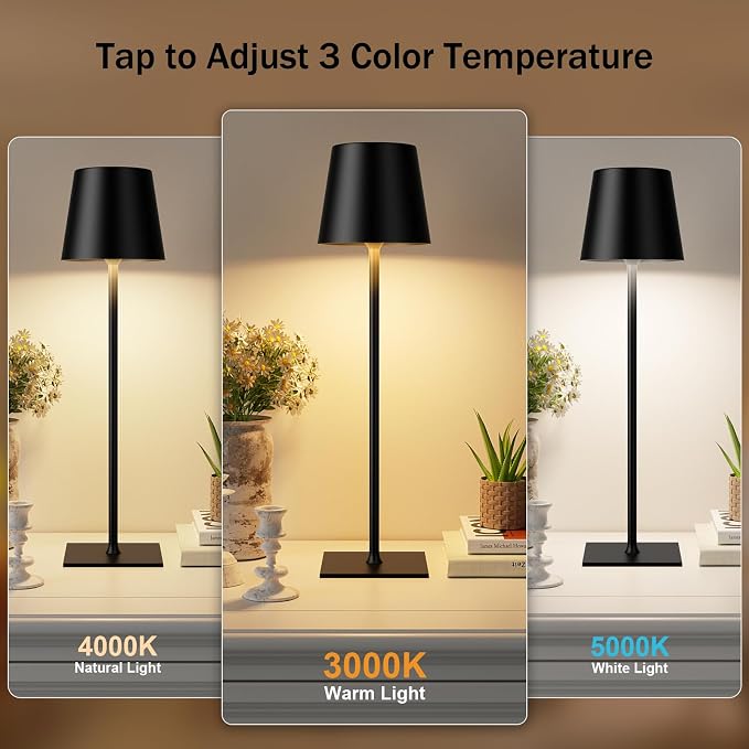 Kakanuo Black Cordless Rechargeable Table Lamp, 4 Pack Portable Desk Lamp with 5000mAh Battery, Touch Control Stepless Dimming, Wireless Night Light for Dining, Outdoor Camping, Coffee Shop
