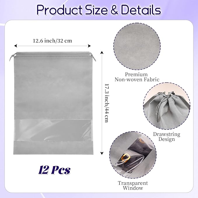 12 Pcs Portable Travel Shoe Bags, 17.3 x 12.6 Inches Waterproof Non-Woven Shoe Organizers Storage Bags, Large Drawstring Shoes Pouch Packing Organizers with Rope for Men, Women, Children (Grey)
