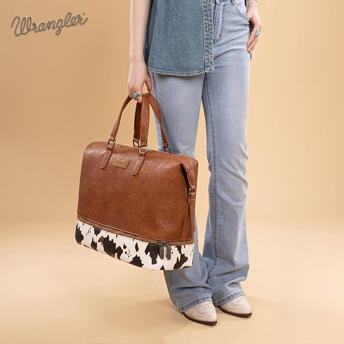 Wrangler Travel Duffel Bag Carry On Overnight Bag with Shoe Compartment Cow Print Weekender Bag for Women WG253-5110COW-BR