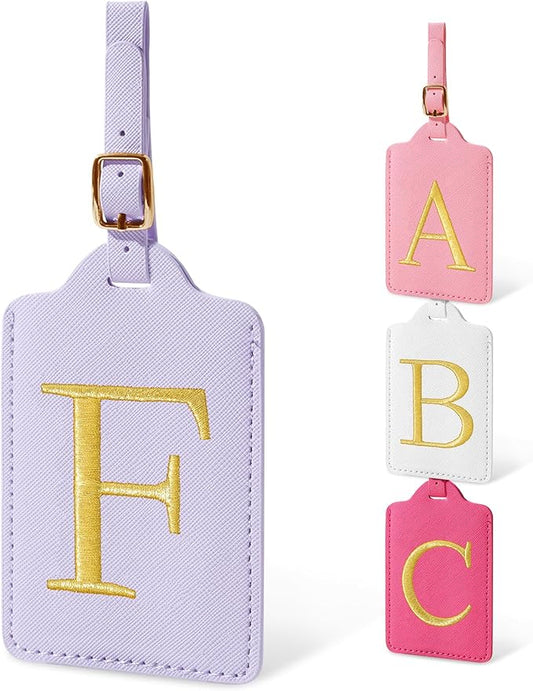 Initial Letter Luggage Tags for Suitcases, Embroidered Monogrammed Suitcase Luggage Identifier Name Tag, PU Leather TSA Approved Luggage Tags, Bag Tags for Men Women Kids Luggage Handbags(Purple F)