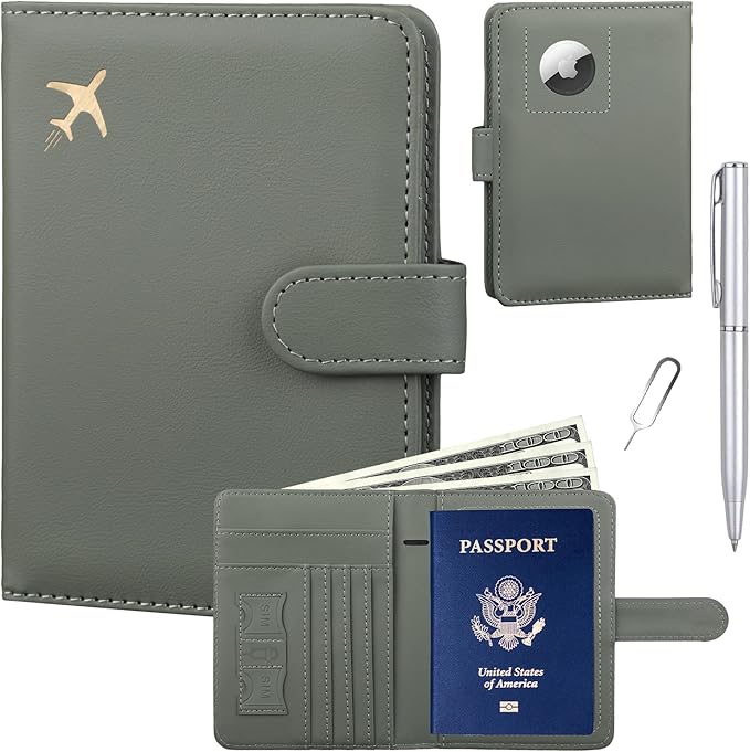 GOAUS Passport Holder for Travel with AirTag Slot Cards Cash Pocket, Faux Leather Travle Wallet Gifts for Women Men RFID Blocking Book Case Green, AirTag Not Included