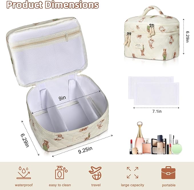 Makeup bag, Large Cosmetic Bag for Women Girls, Cute Quilted Makeup Bags, Floral Coquette Aesthetic Toiletry Bag, Travel Make Up Organizer Bag (Bear)