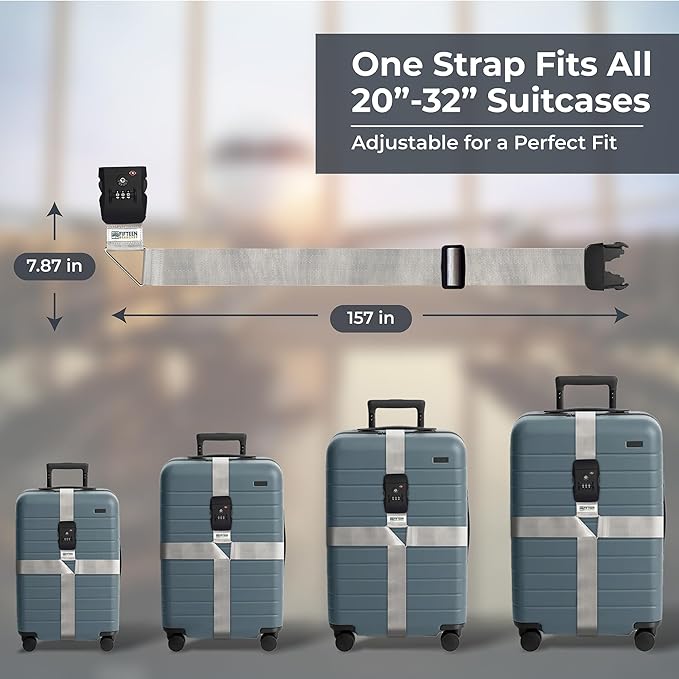 Nylon Luggage Straps for Suitcases | TSA Approved Adjustable Strap w/ 3-Digit Combo Lock | Heavy Duty Belt for 20-32 Inch Suitcases | Travel Luggage Belt Strap for Easy Identification (Silver Grey)