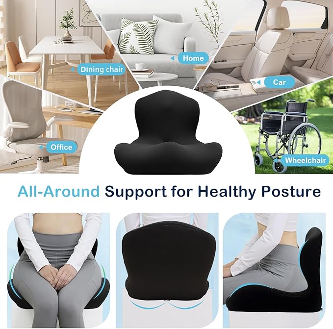 Seat Cushion for Office Chair and Car, L-Shaped Ergonomic Car Seat Cushions, Memory Foam Chair Cushion, Lumbar Support Pillow for Wheelchair, Car, Home, Office, Desk, Black