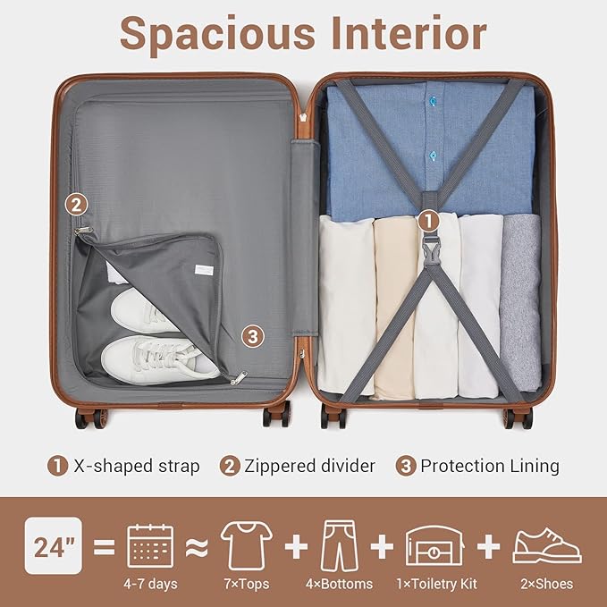 Kono 24 Inch Luggage Suitcase with Spinner Wheels TSA Lock Lightweight PC+ABS Hardside Medium Checked Luggage Durable Rolling Suitcase Apricot Grey