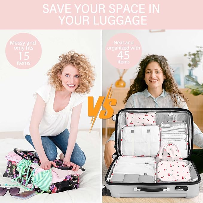 KPX 8 Set Packing Cubes for Travel, Luggage Packing Organizers Accessories Large Toiletries Bag for Clothes Shoes Cosmetics (Cherry)