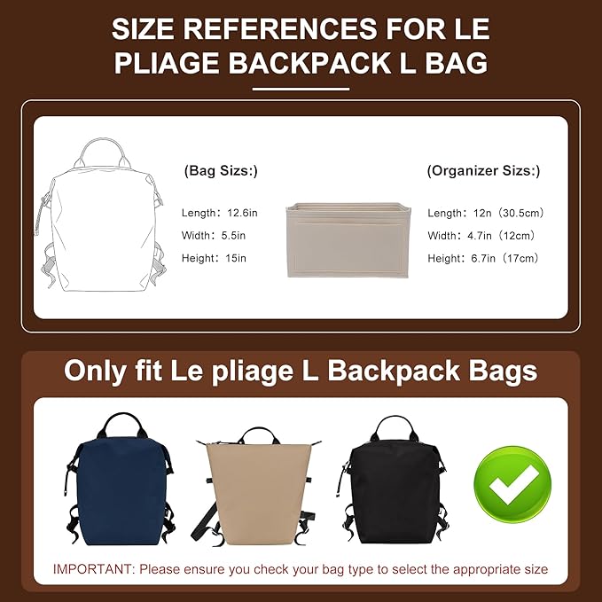 Doxo Backpack Organizer Insert for Longchamp Le Pliage L Backpack | Felt Material with 8 Compartments & YKK Zipper Pocket | Custom-Fit Longchamp Backpack Insert (LB, Beige)