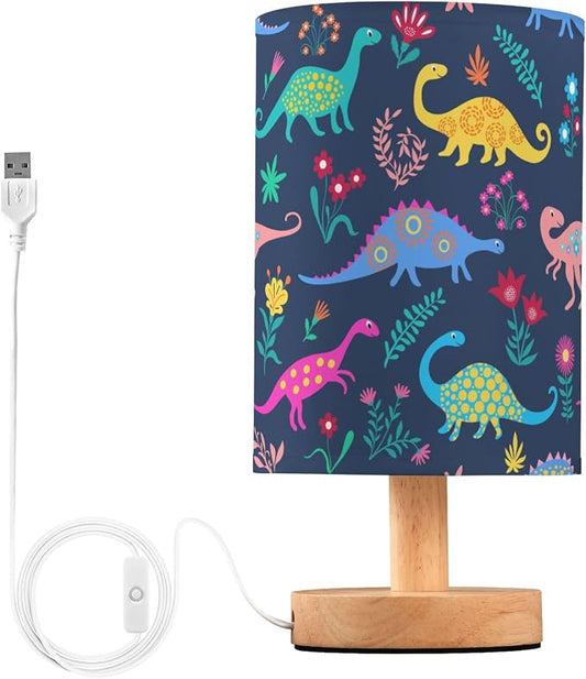 Table Lamp Dinosaur Floral Pattern Nightstand Lamp with Wood Base Fabric Lamp Shade Bedside Desk Lamp for Living Room Bedroom Kids Room Office