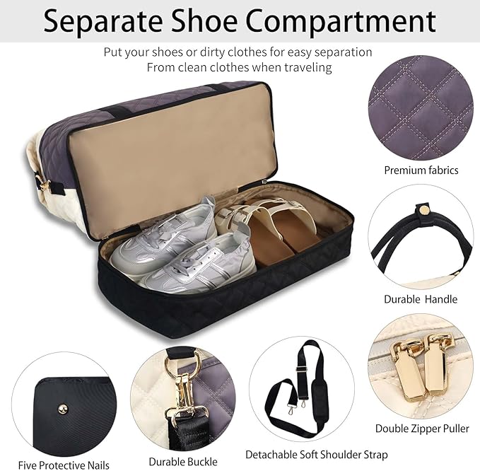 Weekender Bag, Large Travel Duffel Bag for Women, Carry on Overnight Bag with Shoe Compartment and Toiletry Bags