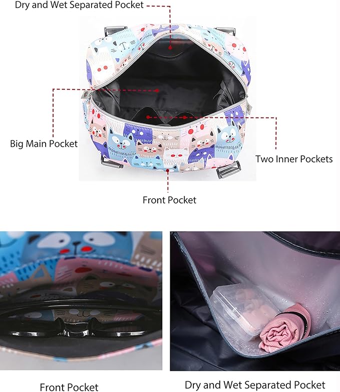Travel Duffle Bag Weekender Overnight Bag Gym Tote with Dry and Wet Separated Pocket for Women Girls Shoulder Workout Duffel Bag Water Resistant (lovely cats)