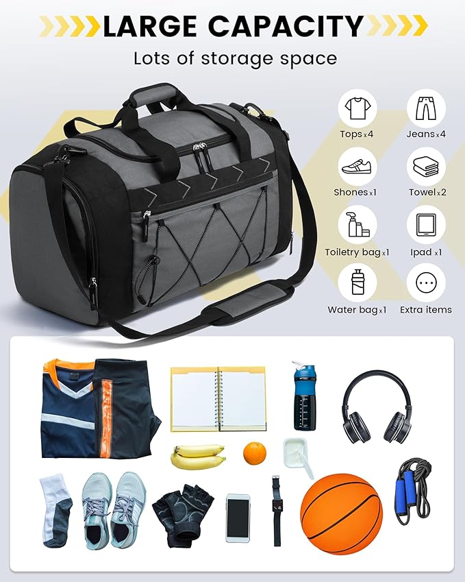 Vorspack Gym Bag for Men - 21 Inches Duffle Bag for Travel Water-resistant Travel Bag with Shoe Compartment Wet Pocket Duffel Bag for Gym Sports Travel Weekender Overnight - Grey
